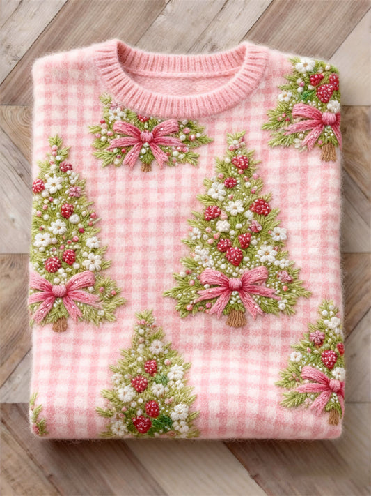 Cottage Berry Floral Christmas Tree Check Cozy Sweater artswardrobe