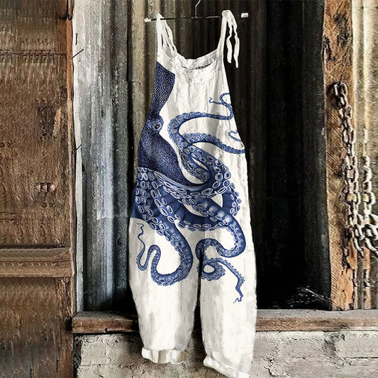 Comstylish Japanese Art Octopus Print Loose Casual Jumpsuit