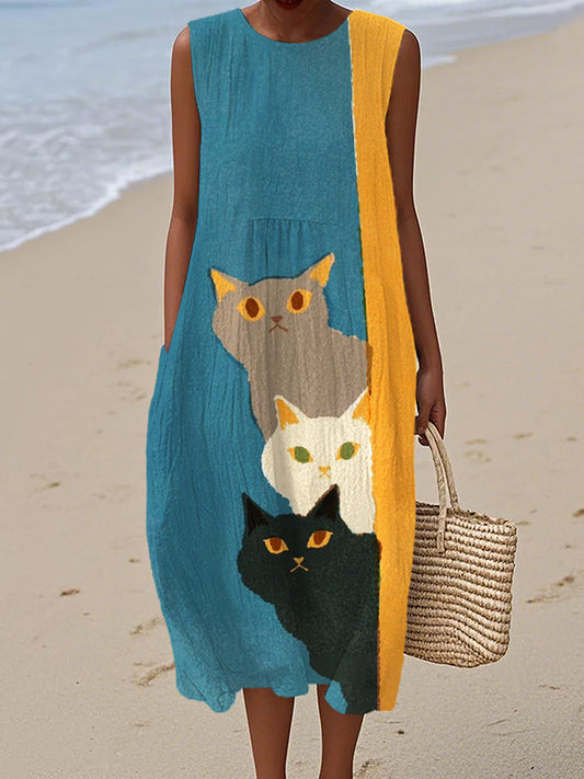 Comstylish Funny Cat Print Women's Linen Tank Dress