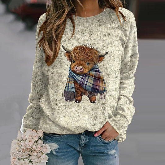 Comstylish Women's Highland Cow Crew Neck Casual Sweatshirt