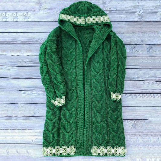 Women's Irish Celtic Knot Jacquard Hooded Aran Sweater artswardrobe
