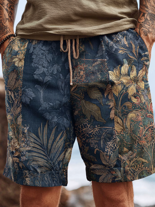 Western Bohemian Style Plant And Flower Pattern Retro Cotton And Linen Loose Wide-leg Shorts artswardrobe