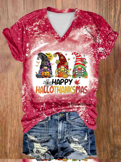 V-neck Tie Dye Happy Hallothanksmas Gnomes Print T-Shirt artswardrobe