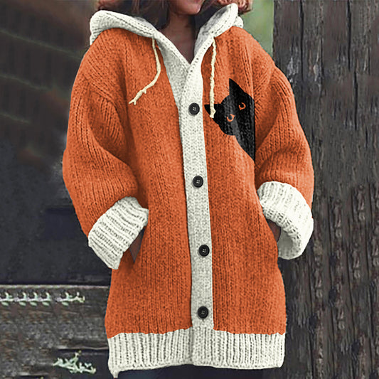 Comstylish Vintage Peek-A-Boo Hiding Black Cat Pattern Women's Hooded Sweater Cardigan
