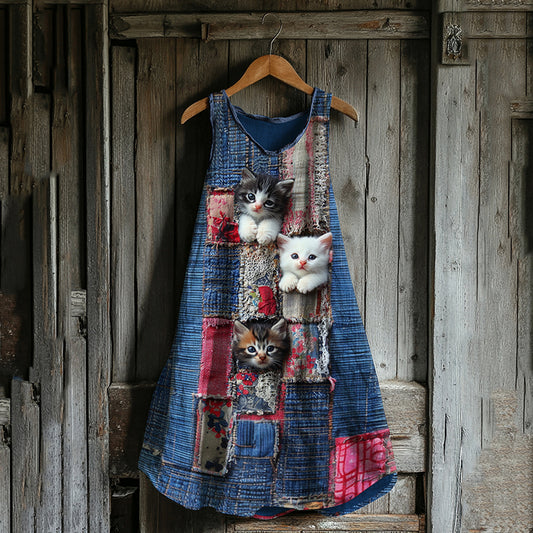 Comstylish Artistic Cat Denim Patchwork Art Women's Linen Tank Dress