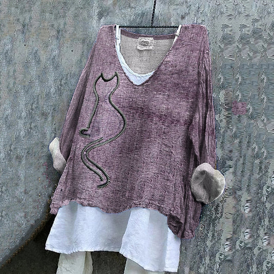 Women's Abstract Zipper Cat Art Cotton And Linen V-neck Shirt elevenforest
