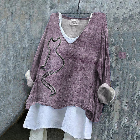 Comstylish Women's Abstract Zipper Cat Art Cotton And Linen V-neck Shirt