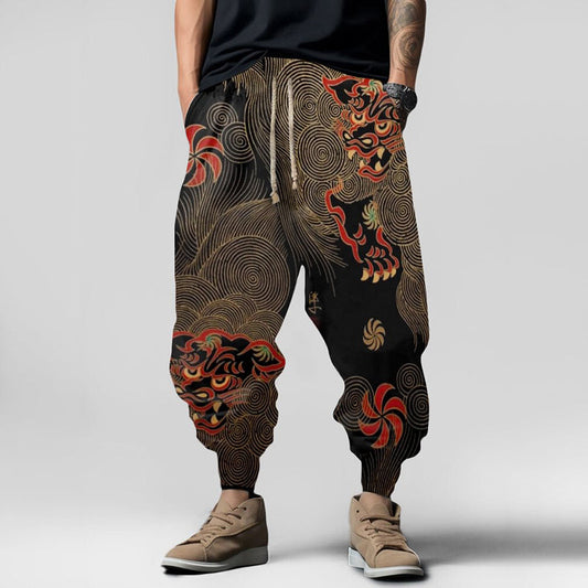 Japanese Art Mythical Animal Element Pattern Casual Loose Drawstring Waist Sweatpants elevenforest
