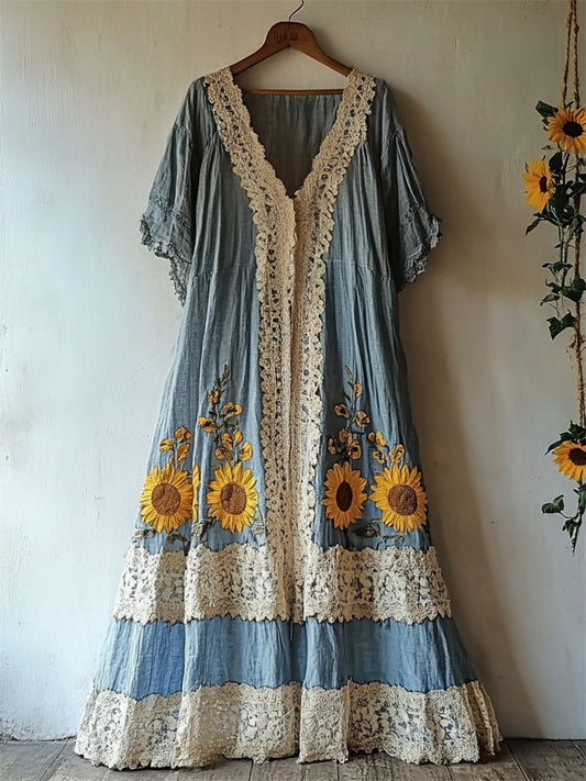 Boho Sunflowers Embroidered Lace Hem Flowy Linen Dress artswardrobe