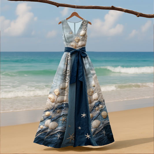 Women's Vintage Ocean Starfish Shell Art Linen Tank Dress artswardrobe