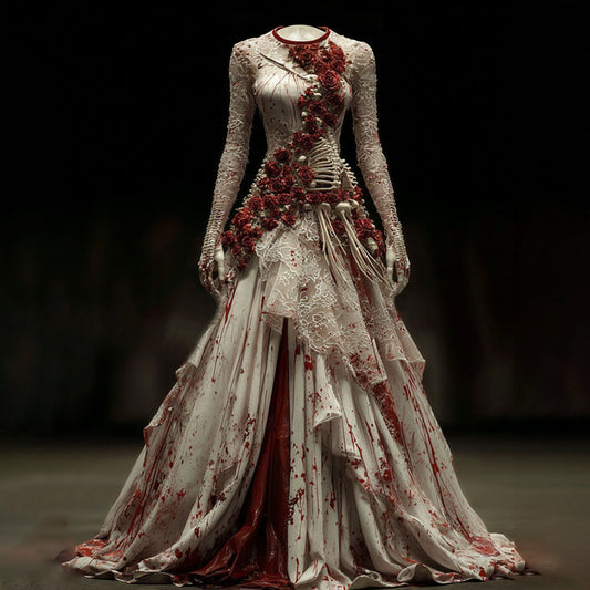 Comstylish Vintage Halloween Bloody Red Roses Patchwork Linen Maxi Dress