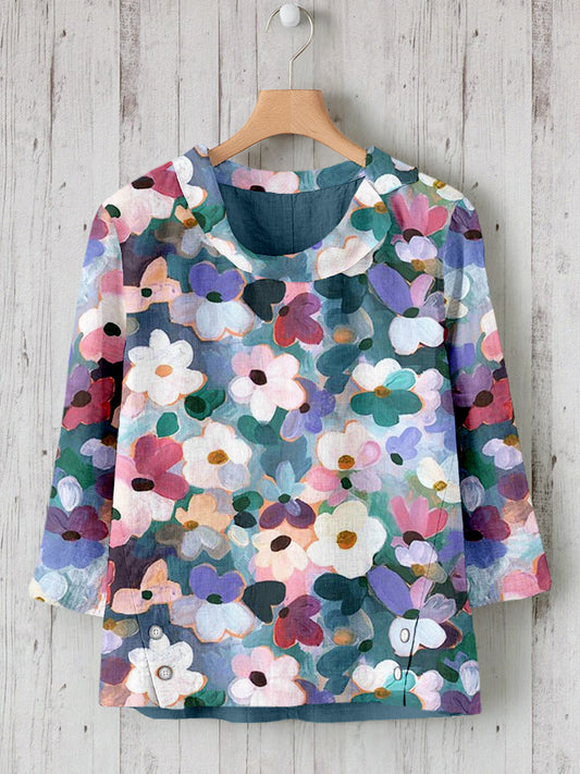 Comstylish Colorful Flowers Botanical Art Linen Blend Cozy Shirt