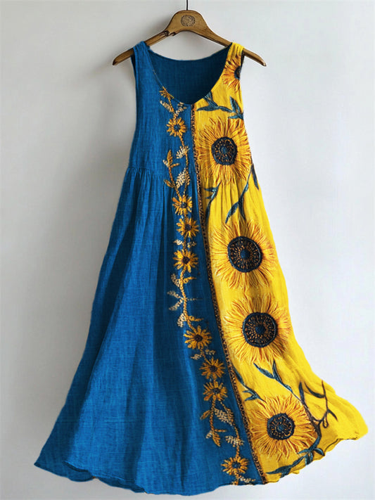 Vintage Boho Sunflowers Embroidered Contrast Patchwork Linen Dress artswardrobe