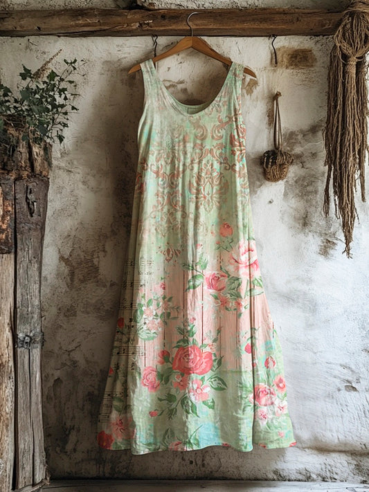 Vintage Floral Print Women's Linen Vest Dress artswardrobe