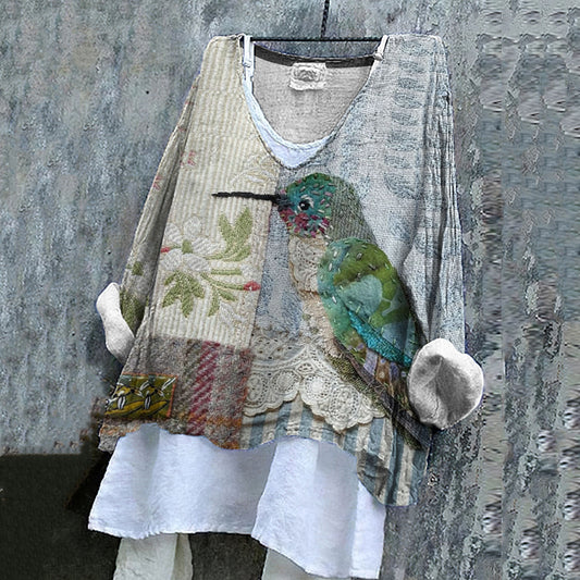 Comstylish Women's Floral And Bird Pattern Cotton And Linen Shirt