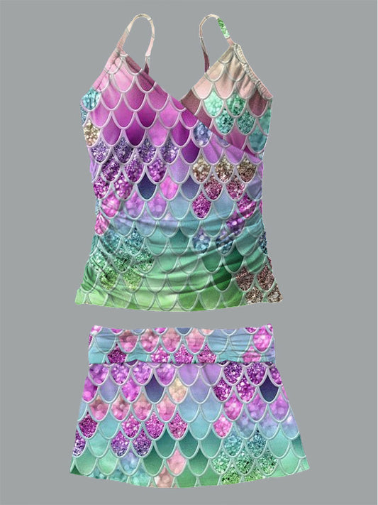 Women's Colorful Sequin Printed Suspender Shirred Swimsuit Set