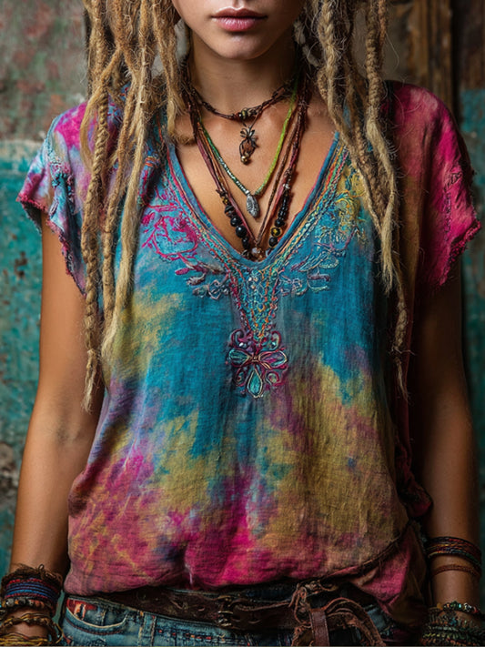 Bohemian Style Personalized Tie-dye Embroidered V-neck Batwing Sleeve Top artswardrobe