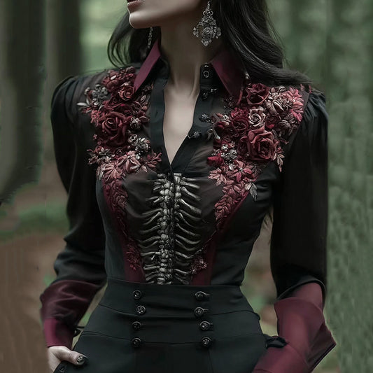 Comstylish Women's Vintage Skeleton And Rose Art Shirt
