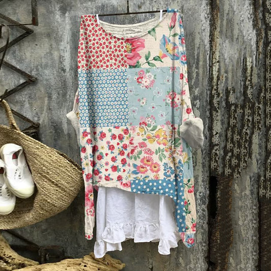 Comstylish Flower Patchwork Painting Art Flowy Tunic