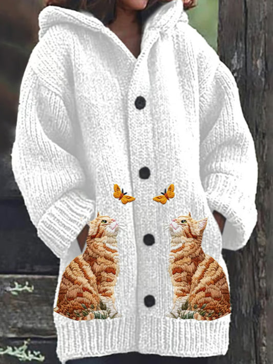 Comstylish Women's Cute Cat Butterfly Print Loose Casual Sweater Hooded Jacket