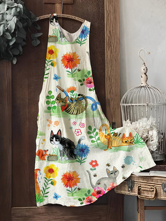 Comstylish Vintage Cute Cats Women's Linen Vest Dress