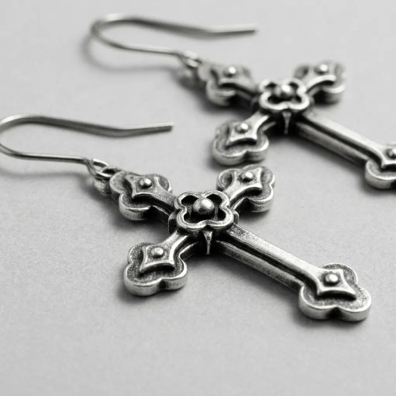 Shadow Cross Fleur Detail Antiqued Silver Earrings