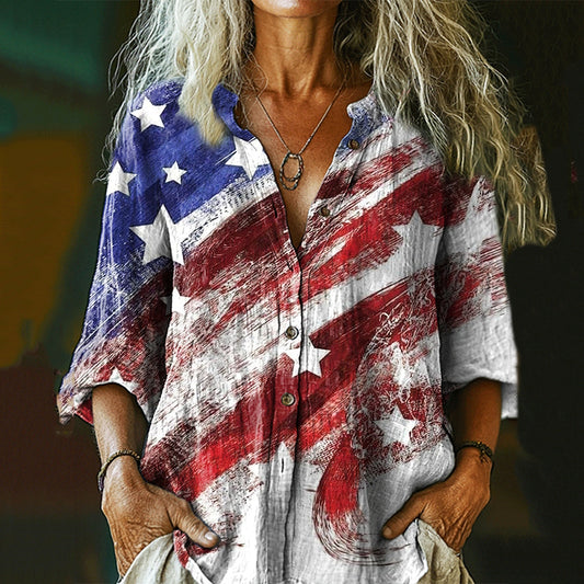 Comstylish Women's Vintage Independence Day Flag Button-down Shirt