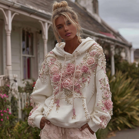 Comstylish Women's Vintage Rose Pearl Embroidery Comfortable Warm Hoodie