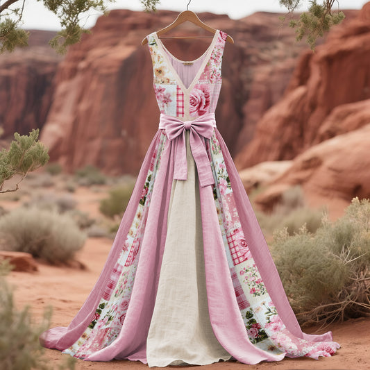 Women's Vintage Flowers Art V Neck Midi Dress artswardrobe