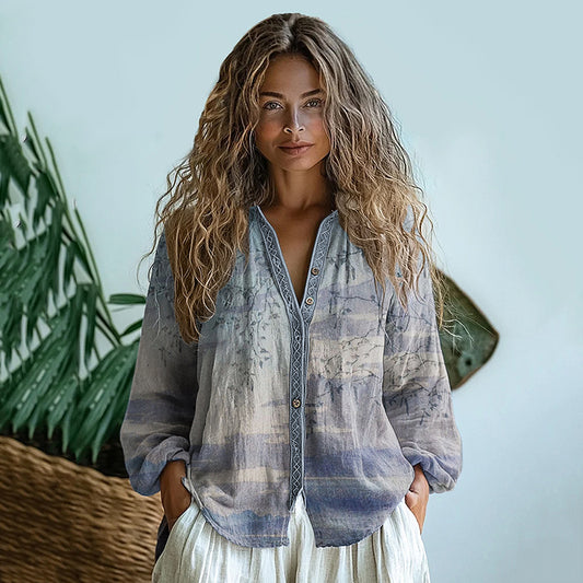 Comstylish Bohemian Style Linen Graduate Floral Art Print Long Sleeve Shirt