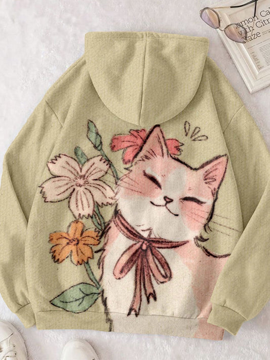 Lovely Cat & Flower Art Print Comfy Hoodie elevenforest