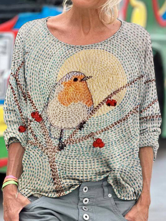 Vintage Bird And Flower Thread Embroidery Women's Loose Shirt artswardrobe