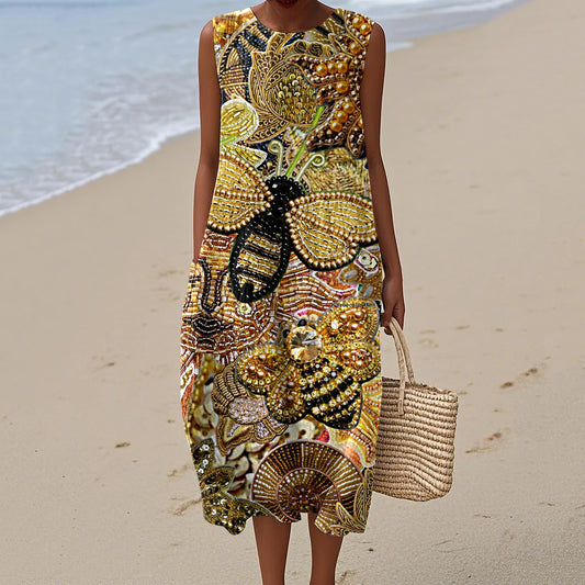 Women's Beaded Flower Bee Art Print Crew Neck Tank Midi Dress artswardrobe