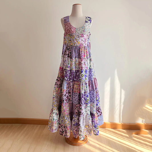 Women's Purple Floral Patchwork Art Cotton And Linen Dress artswardrobe
