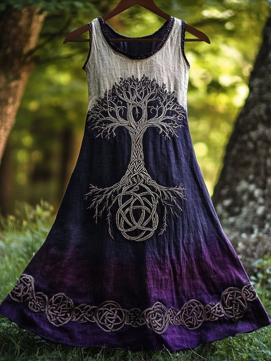 Vintage Tree Of Life Embroidered Gradient Linen Maxi Dress artswardrobe