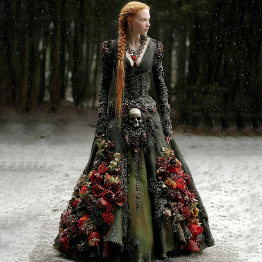 Comstylish Women's Vintage Gothic Style Skull & Floral Gradient Long Sleeve Maxi Dress