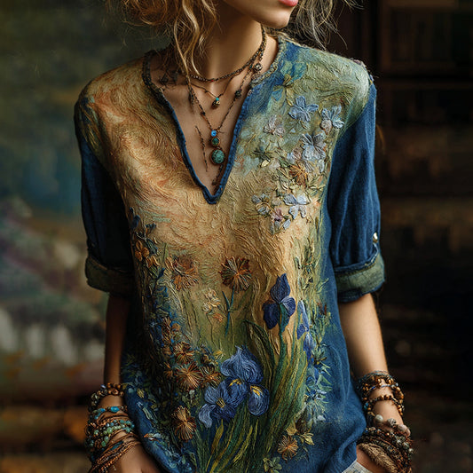 Iris And Sunflower Gradient Oil Painting V-neck Shirt artswardrobe