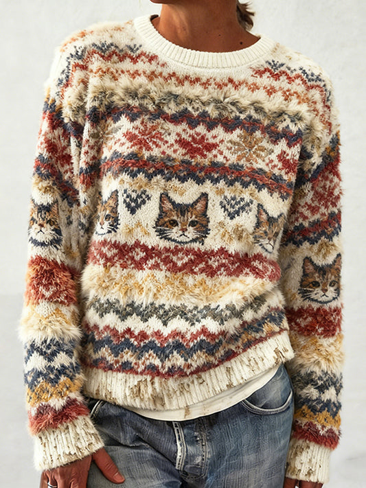 Comstylish Retro Cat Tippet Fair Isle Knitted Fuzzy Crew Neck Sweater