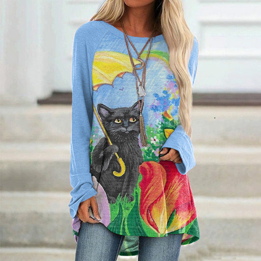 Umbrella Cat Print Women's Round Neck T-Shirt artswardrobe