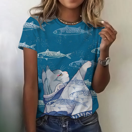 Comstylish Funny Fish And Cat Wearing Kimono T-shirt
