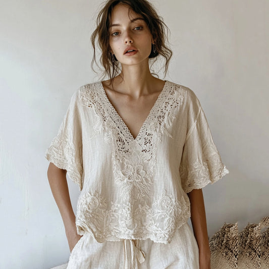 Comstylish Vintage Floral Lace Embroidered Comfy V Neck Shirt