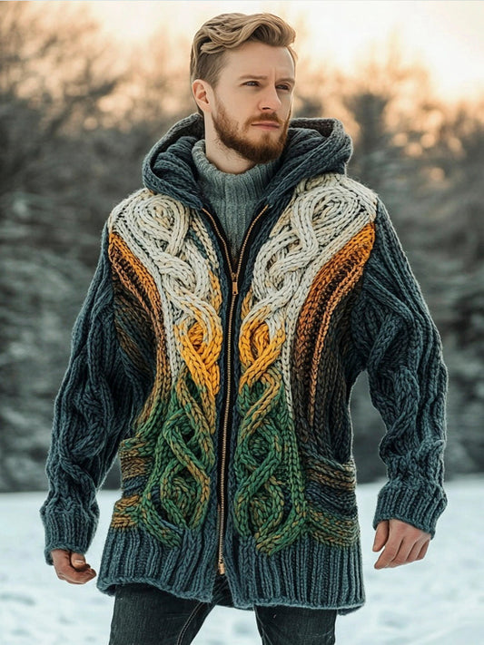 Celtic Knot Gradient Chunky Knit Pattern Men's Zipper Hooded Sweater elevenforest