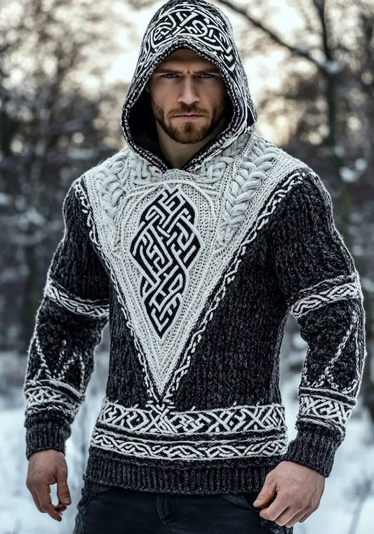 Men's Vintage Viking Celtic Jacquard Chunky Hooded Sweater elevenforest