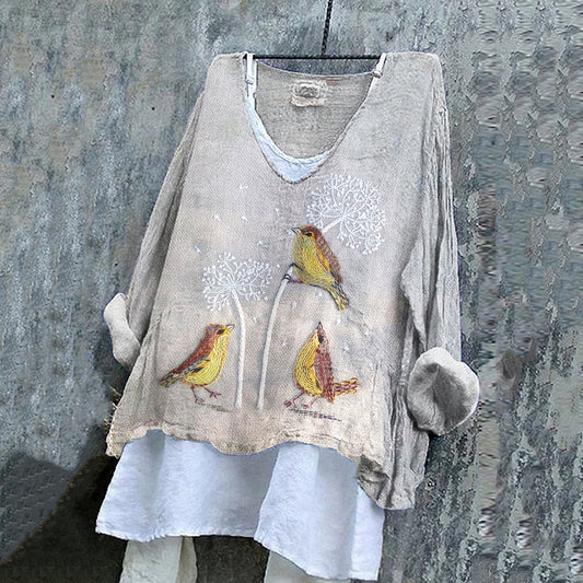 Comstylish Women's Dandelions And Birds Art Loose V-neck Shirt
