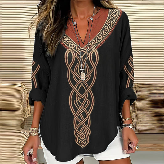 Comstylish Women's Viking Celtic Knot Art Linen Print Casual Shirt