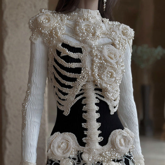 Women's Vintage Halloween Skeleton Bones With Rose Art Cozy Knit Mini Sweater Dress artswardrobe