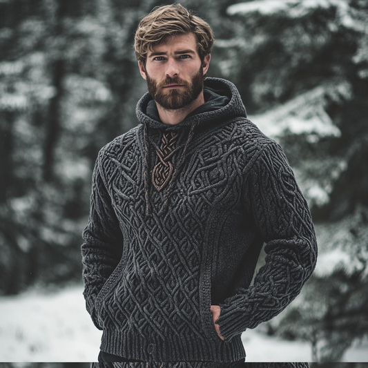 Men's Vintage Viking Inspired Celtic Jacquard Hooded Sweater elevenforest