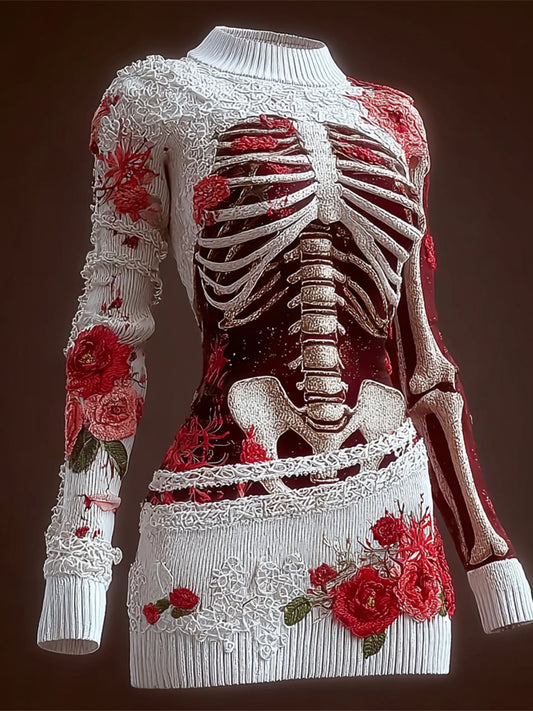 Comstylish Halloween Skeleton Bandage Art Women's Knit Mini Dress