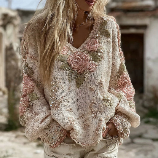 Women's Pink Rose Art V-neck Cozy Pullover Sweater elevenforest