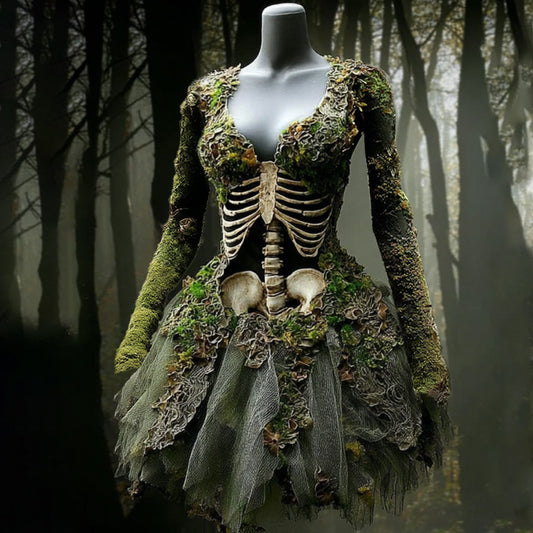 Comstylish Women's Halloween Skull Flowers Moss Witch Midi Dress